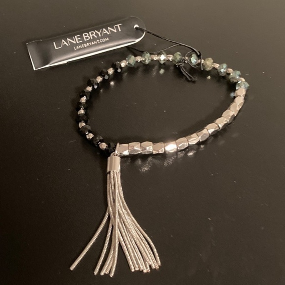 Lane Bryant Black and Silver Beaded Bracelet with Tassel